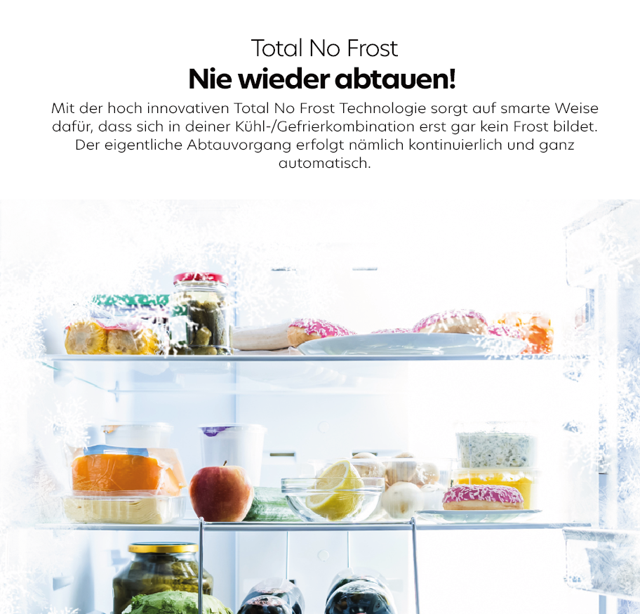 Feature-Banner, Offener Candy-Kühlschrank mit No Frost Funktion.'