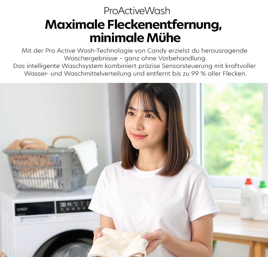 Feature-Banner, Frau mit schulterlangem Haar hält weiße Wäsche vor einer Candy-Waschmaschine in heller Waschküche mit Wäschekorb und Waschmittelflaschen.'