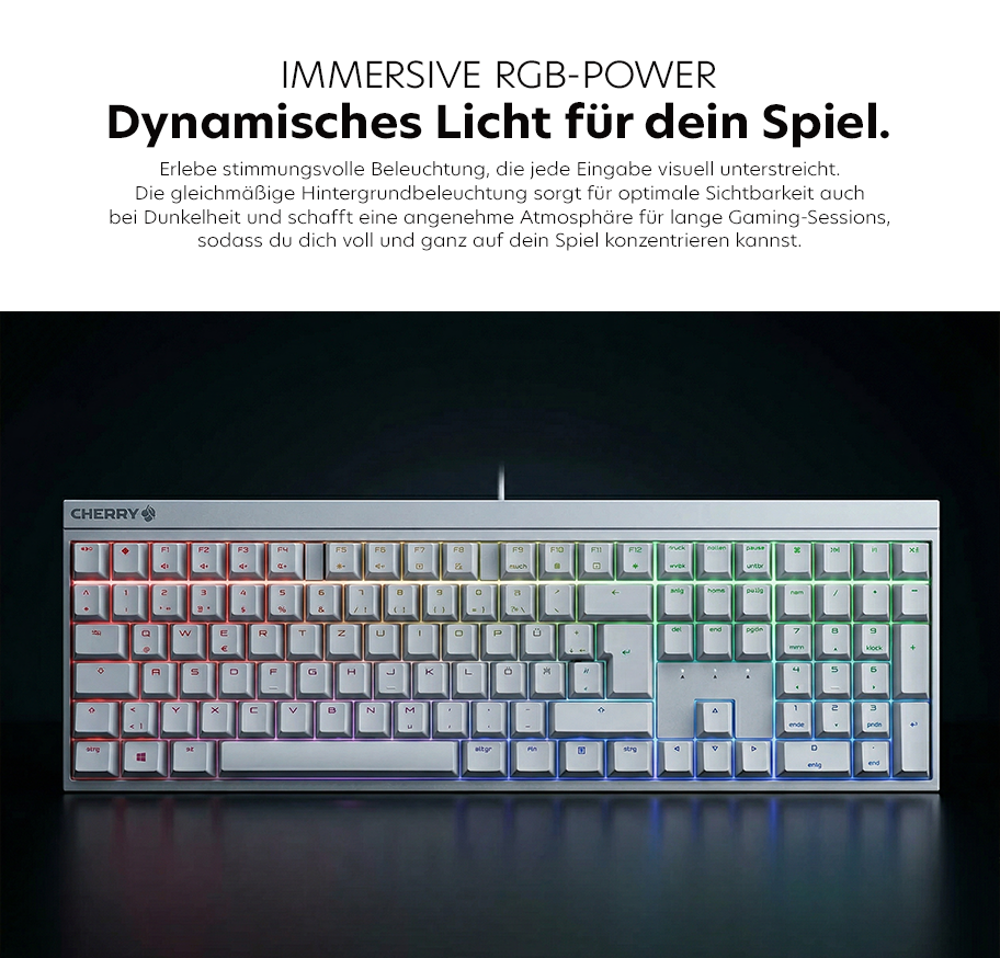 Feature-Banner, Weiße Tastatur mit RGB Beleuchtung.