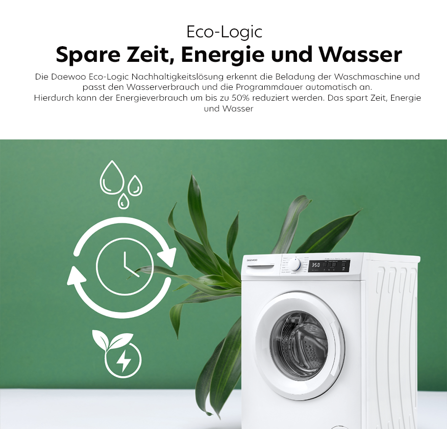Feature-Banner, Weiße Daewoo-Waschmaschine vor grünem Hintergrund mit Pflanze, darüber Text zu Eco-Logic und Energie-, Wasser- und Zeitersparnis.'