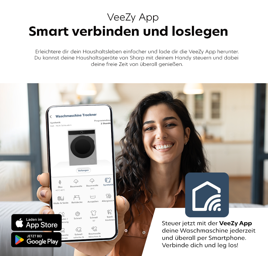 Feature-Banner, rau hält Smartphone mit geöffneter VeeZy App, die Steuerung für Waschmaschine und Trockner zeigt, Text 'Smart verbinden und loslegen' und App-Store-Buttons.'