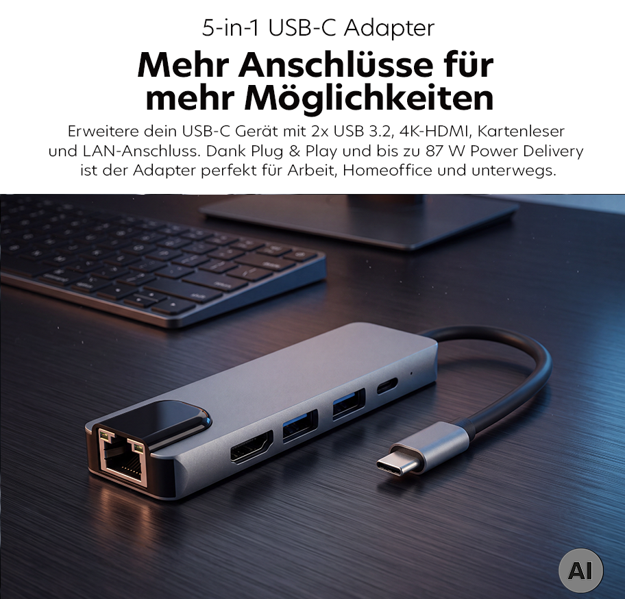 Feature Banner, USB-C-Adapter mit mehreren Anschlüssen inklusive Ethernet, HDMI, zwei USB-Ports und SD-Kartenleser auf einem dunklen Tisch neben einer Tastatur.
