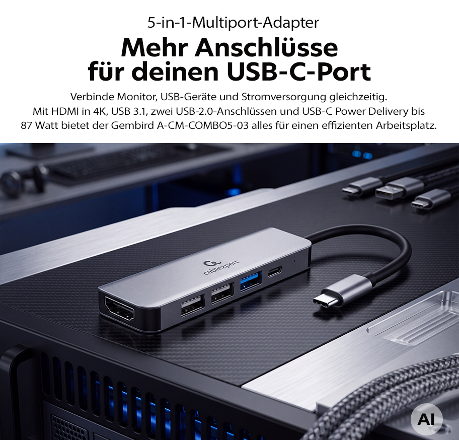 Feature Banner, 5-in-1-Multiport-Adapter mit HDMI-, USB-3.1-, zwei USB-2.0- und USB-C-Anschlüssen auf einem schwarzen Untergrund.