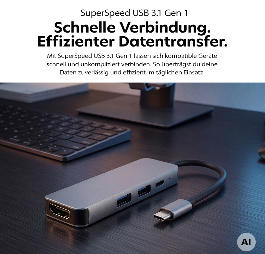 Feature Banner, USB-C-Hub mit mehreren Anschlüssen liegt auf dunklem Tisch vor Laptop und Tastatur.