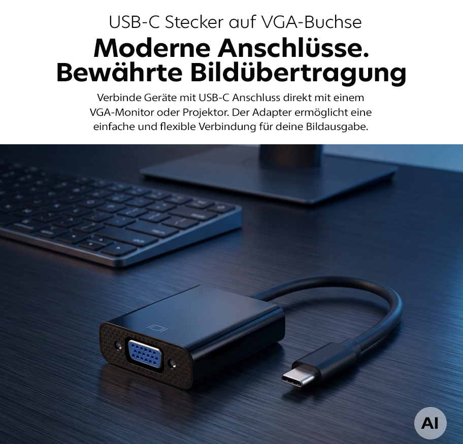 Feature Banner, USB-C-auf-VGA-Adapterkabel liegt auf dunklem Holztisch vor Tastatur und Monitorständer.