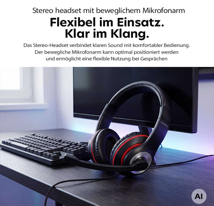 Feature Banner, Stereo-Headset mit beweglichem Mikrofonarm liegt auf einem Schreibtisch vor einem Monitor und einer Tastatur.