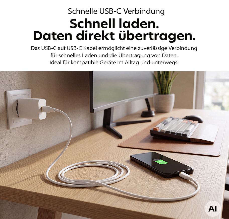 Feature Banner, Smartphone liegt auf einem Schreibtisch und wird über ein weißes USB-C-Kabel an eine Steckdose geladen, im Hintergrund Monitor, Tastatur und Pflanze.
