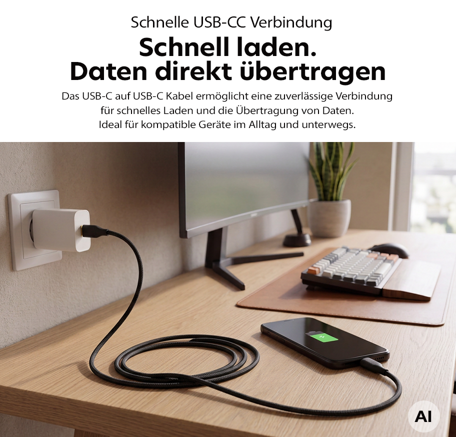 Feature Banner, Smartphone liegt auf einem Schreibtisch und wird über ein schwarzes USB-C-Kabel an eine Steckdose geladen, im Hintergrund Monitor, Tastatur und Pflanze.