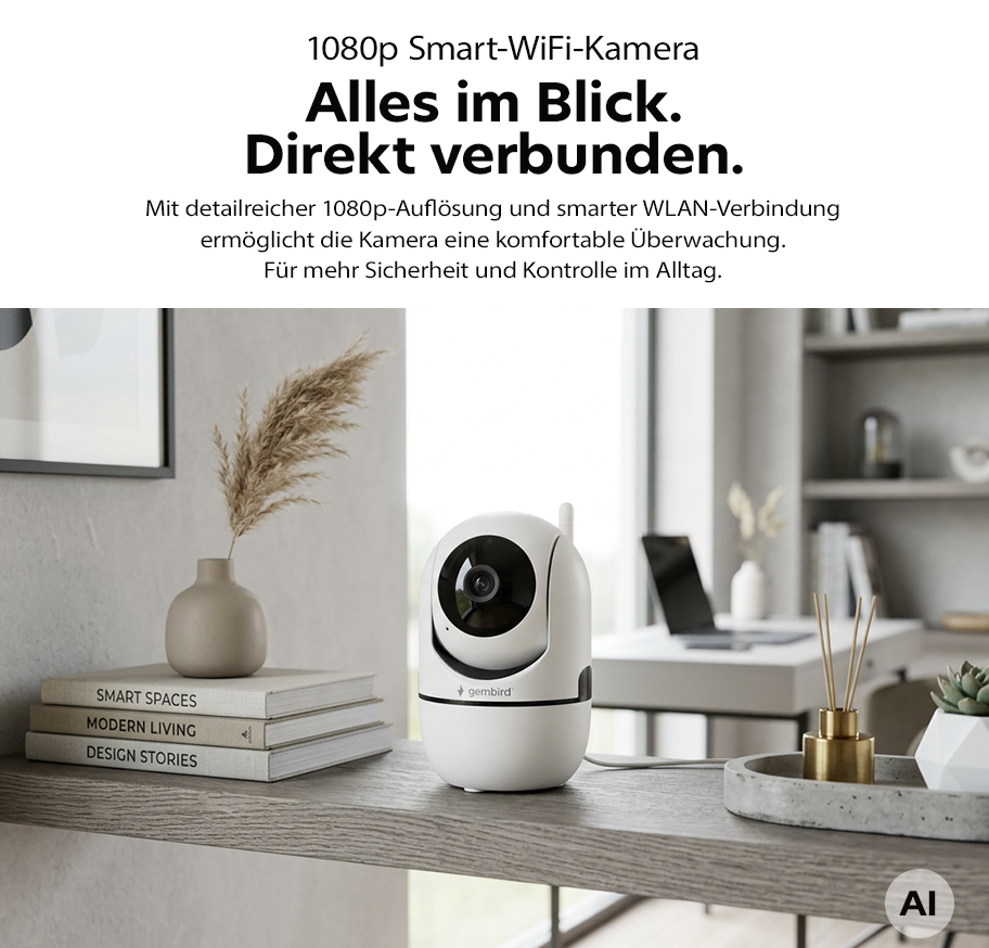 Feature Banner, Weiße Smart-WiFi-Kamera auf grauem Regal neben Büchern, Vase mit Pampasgras und Wohnaccessoires in modernem Raum.