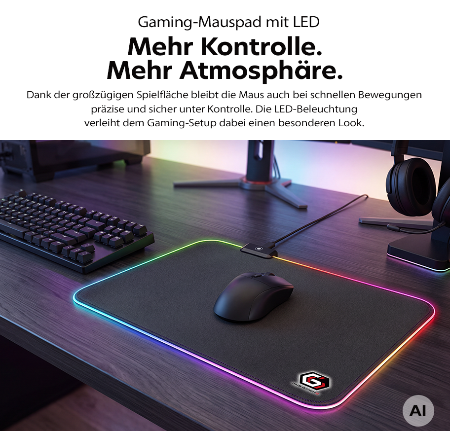Feature Banner, Gaming-Mauspad mit LED-Beleuchtung auf Schreibtisch mit Tastatur, Maus und Kopfhörern.