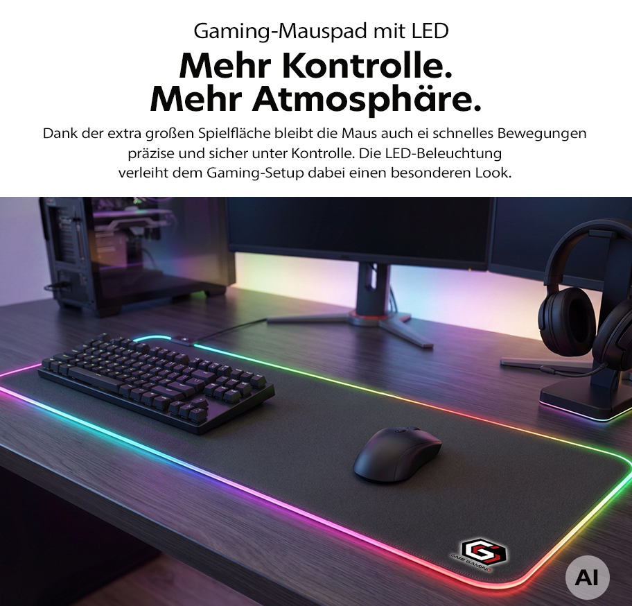 Feature Banner, Gaming-Mauspad mit LED-Beleuchtung auf Schreibtisch mit Tastatur, Maus und Kopfhörern.