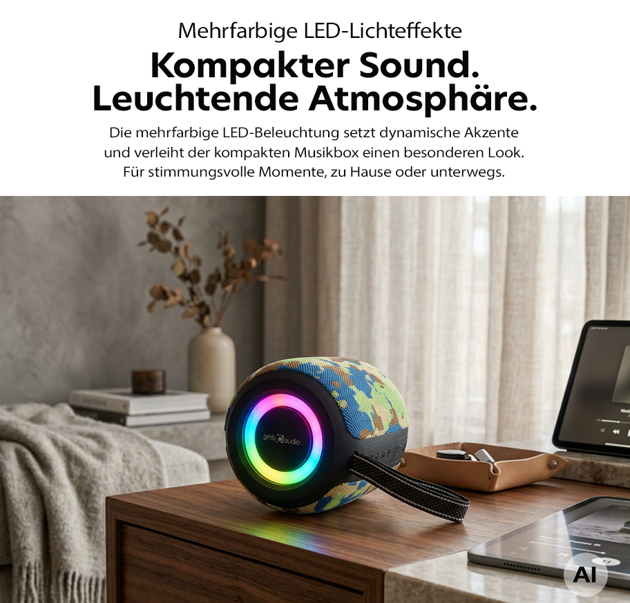 Feature Banner, Kompakte Musikbox mit mehrfarbiger LED-Beleuchtung in Camouflage-Muster auf Holztisch neben Smartphone und Tablet.