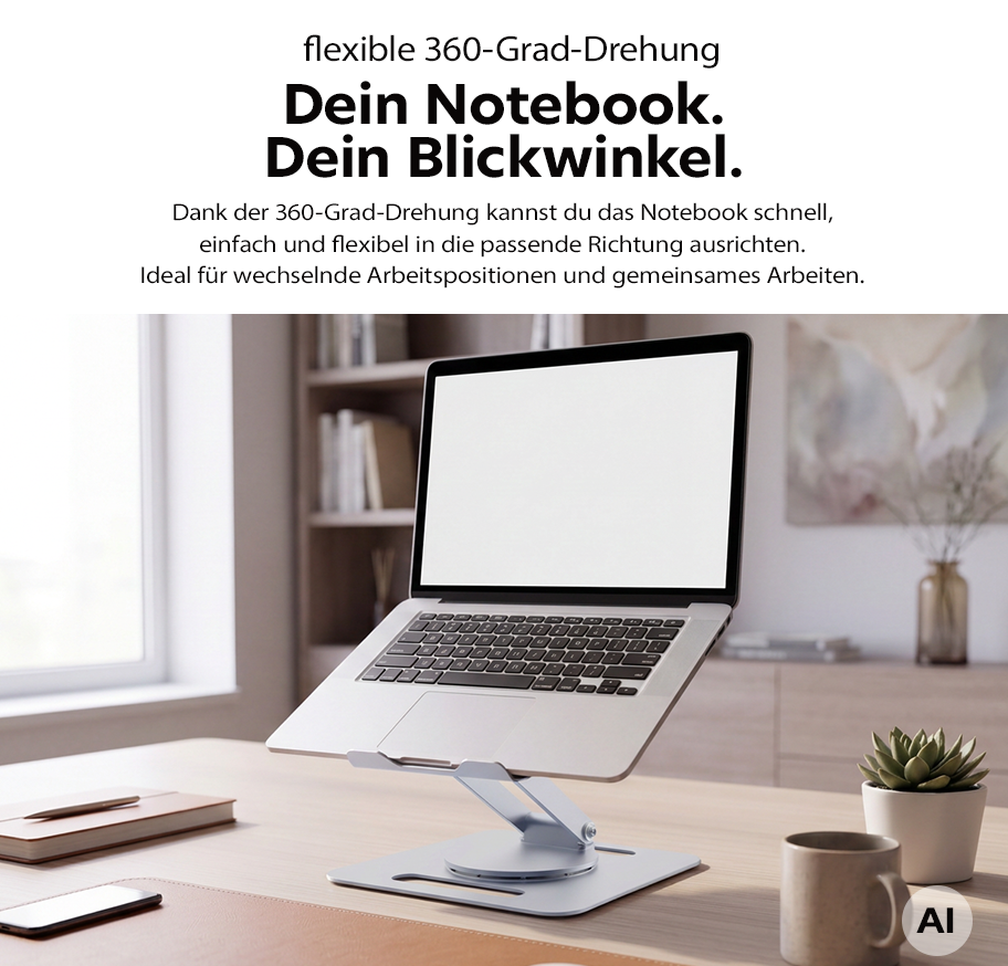 Feature Banner, Notebook auf einem höhenverstellbaren Ständer mit 360-Grad-Drehung auf einem Schreibtisch in einem hellen Raum.