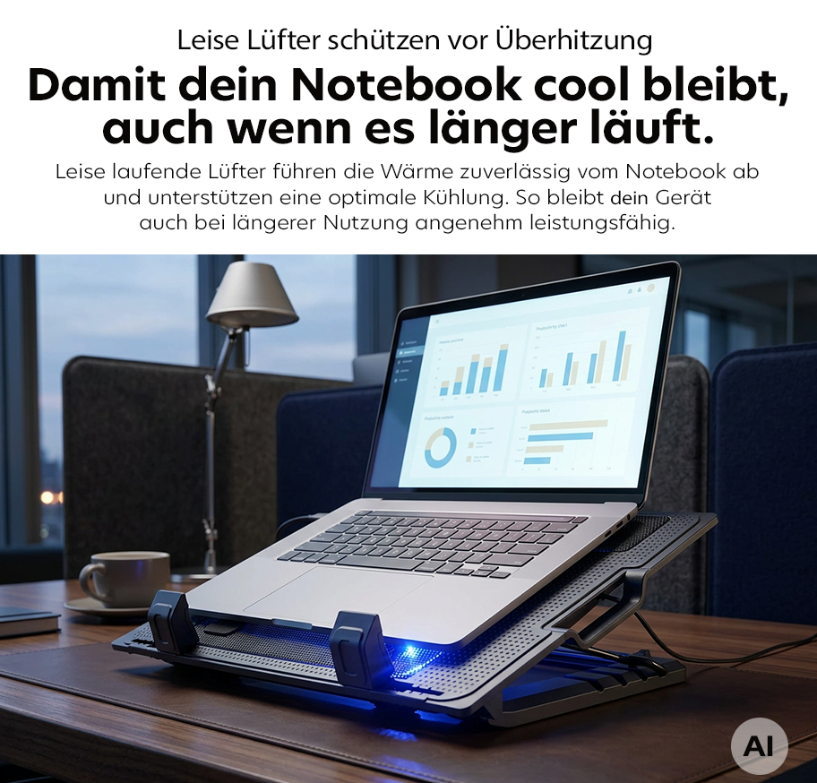 Feature Banner, Notebook auf einem beleuchteten, verstellbaren Lüfter-Ständer auf einem Holztisch in einem Wohnzimmer mit Sofa und Stehlampe im Hintergrund.