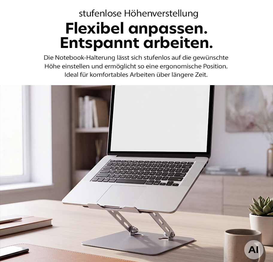 Feature Banner, Notebook auf höhenverstellbarem Ständer auf Schreibtisch mit Tasse, Pflanze und Büchern im Hintergrund.