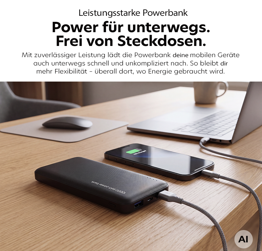 Feature Banner, Powerbank mit angeschlossenem Smartphone auf Holztisch neben Laptop, Maus und Kaffeetasse.