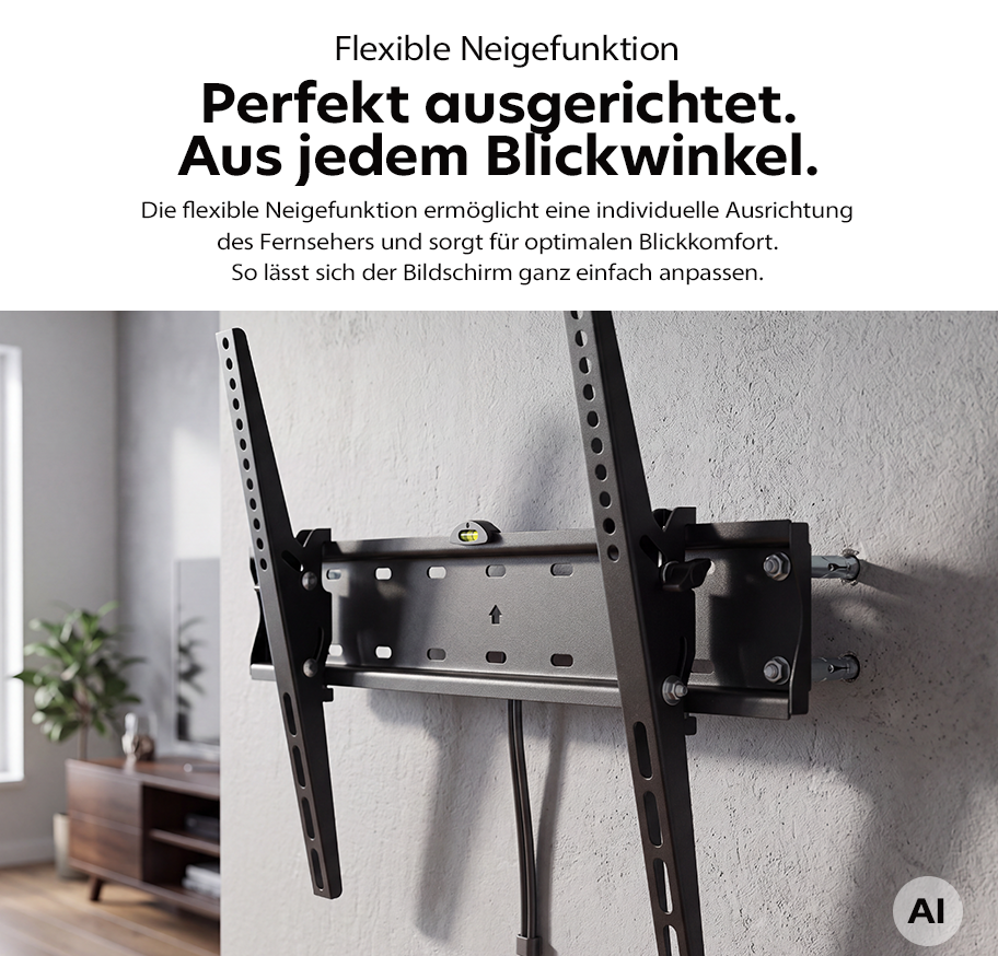 Feature Banner, Schwarze, flexible TV-Wandhalterung mit Neigefunktion an einer hellen Wand montiert.