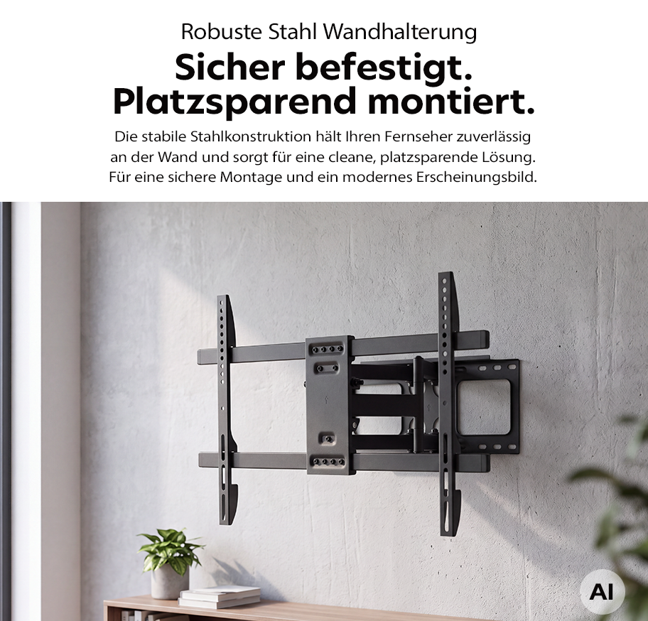 Feature Banner, Robuste Stahl-Wandhalterung mit mehreren Befestigungslöchern montiert an einer hellen Wand über einem Sideboard mit Pflanze und Büchern.