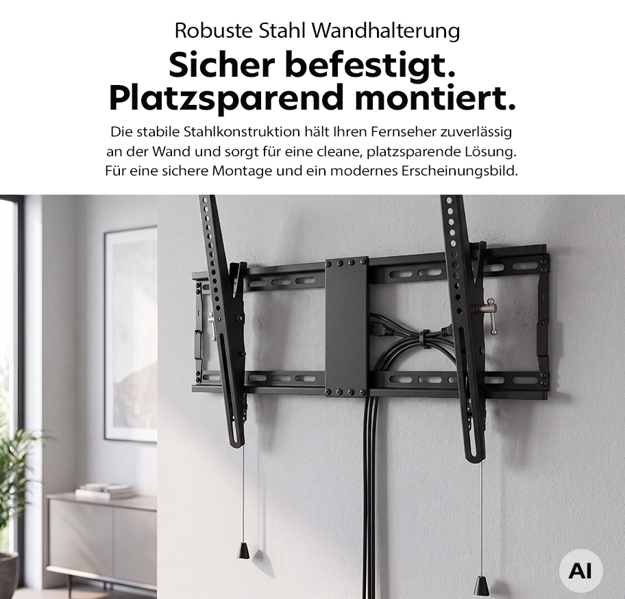 Feature Banner, Robuste Stahl-Wandhalterung mit zwei vertikalen Haltearmen und Kabeln an einer weißen Wand montiert.