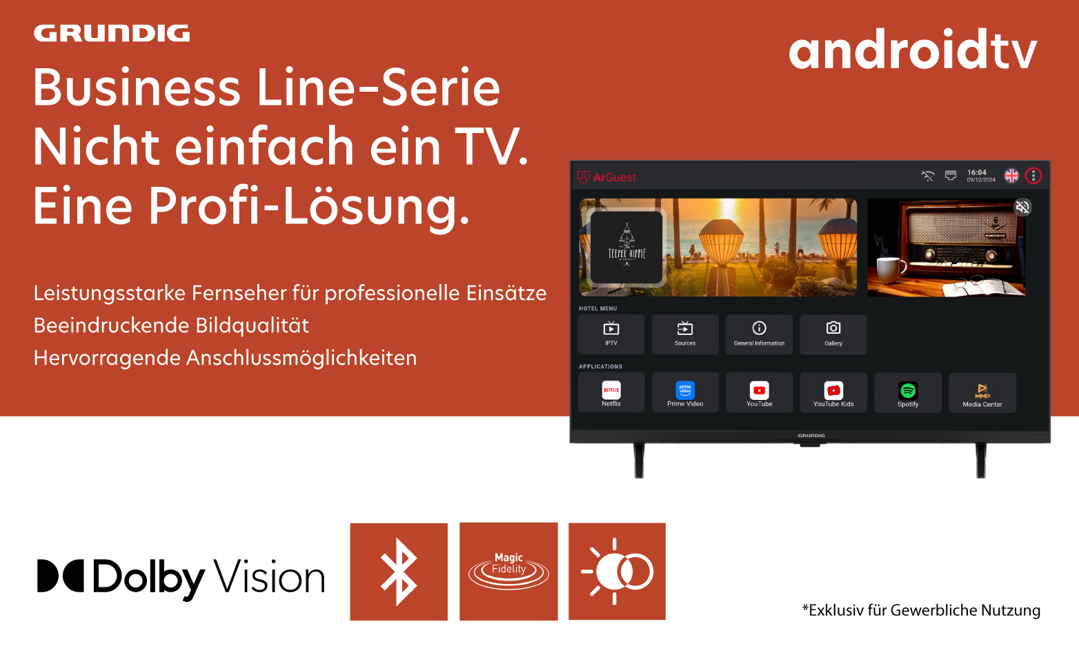 Feature Banner, Werbebanner für Grundig Business Line-Serie Hotel-TV mit orangefarbenem Hintergrund, Text und einem abgebildeten Fernseher mit Android-TV-Oberfläche.
