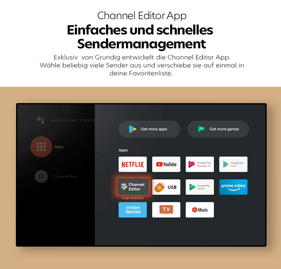 Feature Banner, Fernsehbildschirm mit App-Auswahl, darunter hervorgehoben die 'Channel Editor'-App von Grundig, umgeben von Apps wie Netflix, YouTube und Prime Video.