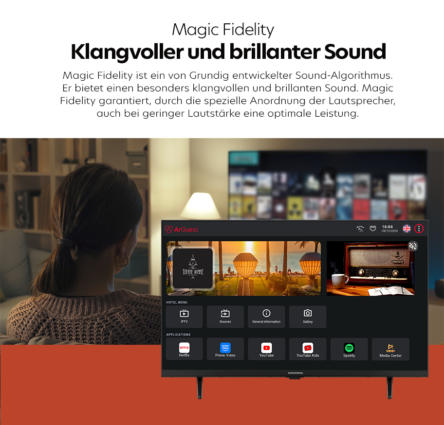 Feature Banner, Rückansicht einer Frau vor einem Grundig-Fernseher mit Benutzeroberfläche, die verschiedene Apps und eine Radiobildschirmansicht zeigt.