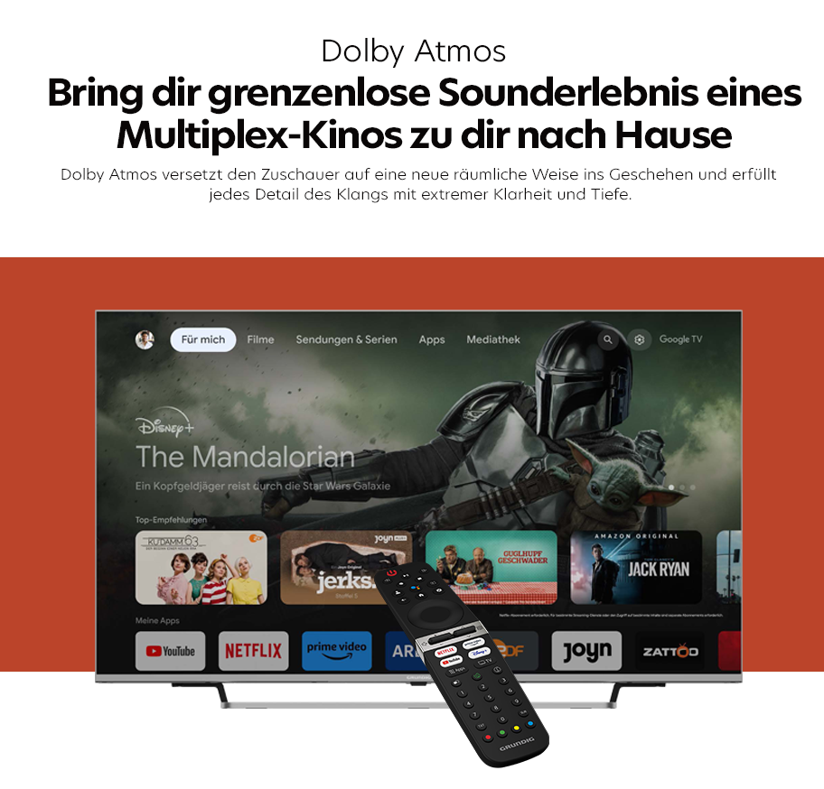 Feature-Banner,Fernseher mit Dolby Atmos-Logo und Streaming-Diensten auf dem Bildschirm. Vorne liegt eine Fernbedienung mit Tasten für Netflix und andere Apps.'