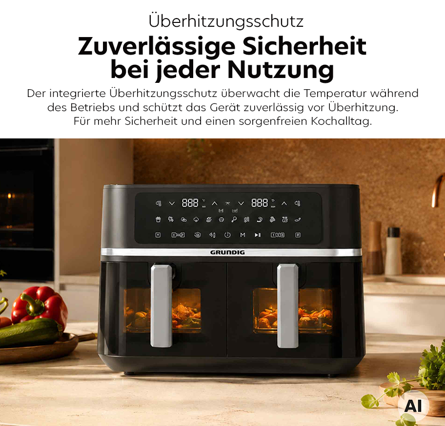 Feature Banner, Airfryer mit zwei Glastüren und digitalem Bedienfeld auf einer Arbeitsplatte mit Gemüse im Hintergrund.