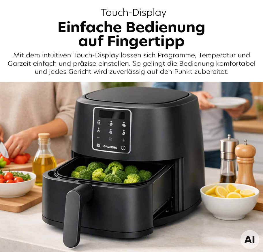 Feature Banner, Kompakte schwarzer Airfryer mit Touch-Display und herausgezogenem Korb voller Brokkoli auf Küchenarbeitsplatte mit Schalen und Flaschen im Hintergrund.