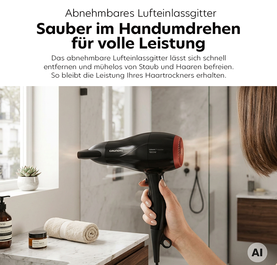 Feature Banner, Hand hält schwarzen Haartrockner mit abnehmbarem Lufteinlassgitter in modernem Badezimmer.