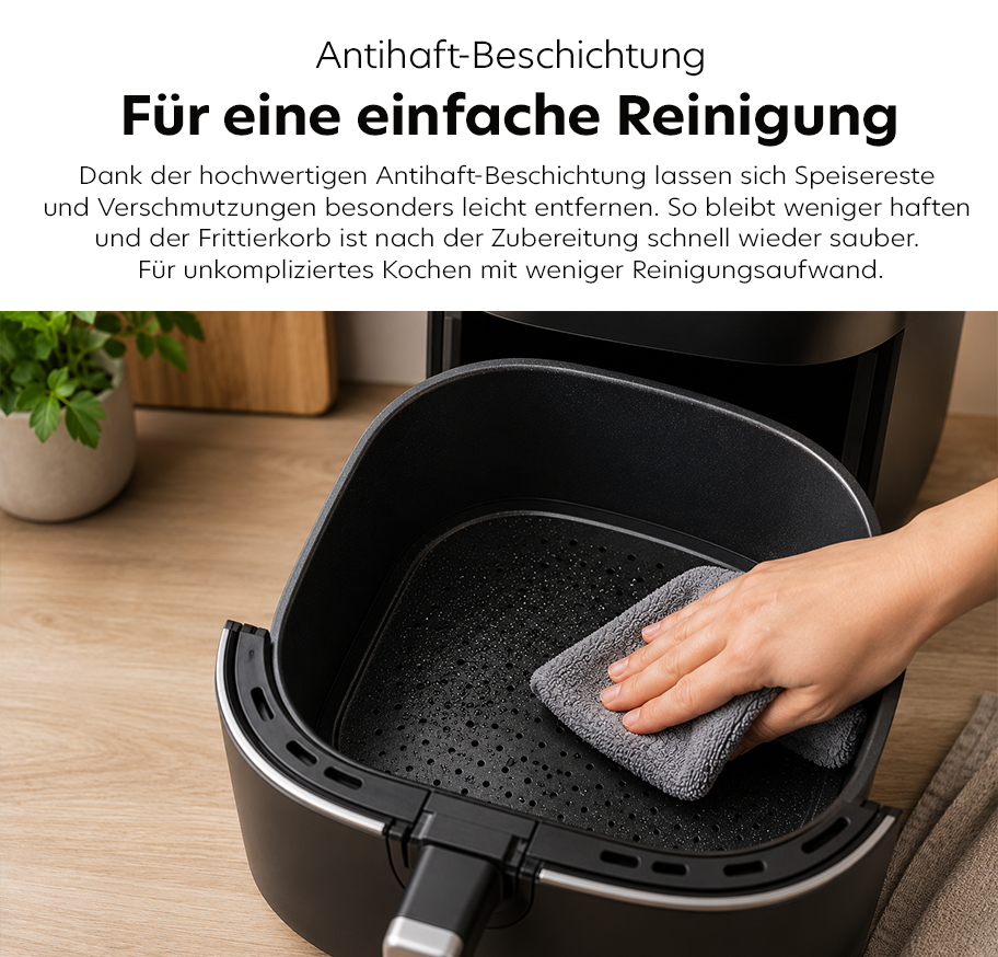 Feature Banner, Hand wischt mit grauem Tuch die Innenseite eines schwarzen Grundig Airfryer-Frittierkorbs mit Antihaft-Beschichtung.