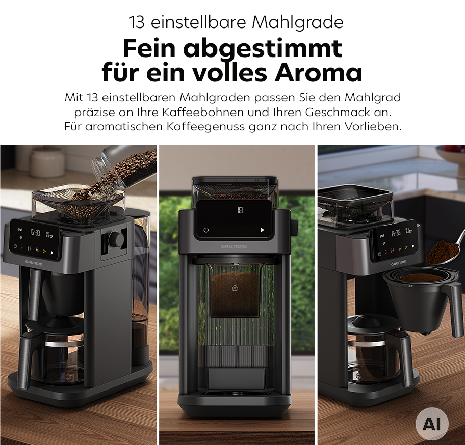 Feature Banner, Drei Ansichten einer schwarzen Kaffeemühle mit digitaler Anzeige und Bohnenbehälter auf Holzoberfläche.