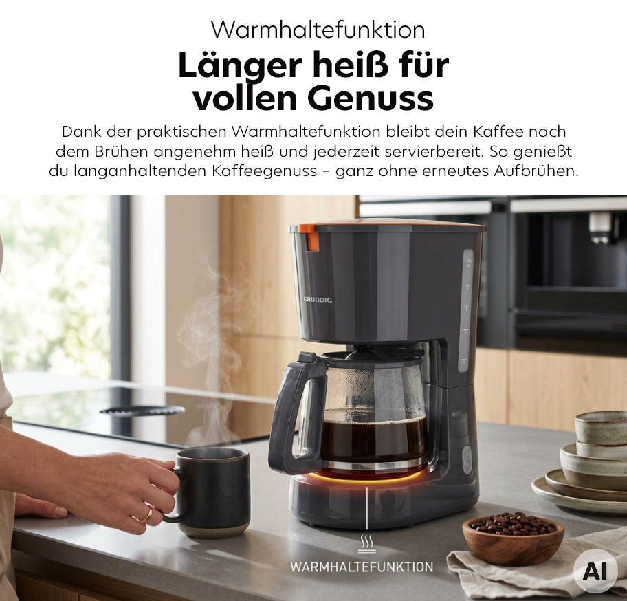 Feature Banner, Kaffeemaschine mit Glaskanne auf Küchenarbeitsplatte neben Hand und Tasse, Text über Warmhaltefunktion und länger heißem Kaffee.
