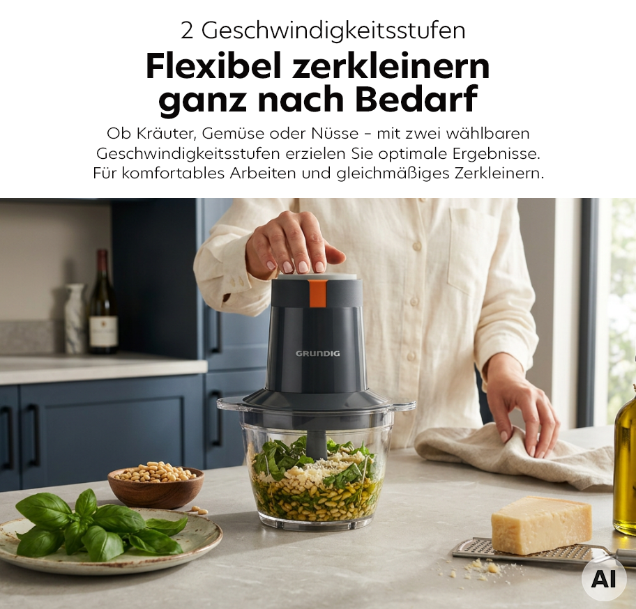 Feature Banner, Küchenmaschine mit Glasbehälter auf Arbeitsplatte, daneben Ölflasche, Schale mit Kräutern und Knoblauchzehen, Hand bedient Gerät.