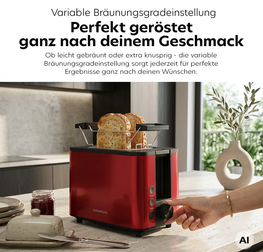 Feature Banner, Roter Toaster auf Küchenarbeitsplatte mit zwei Brotscheiben im Schlitz und Hand, die den Bräunungsgradregler bedient.