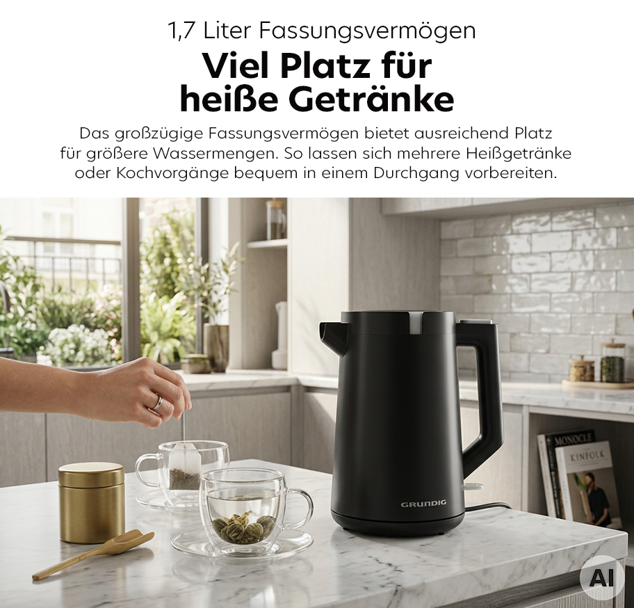 Feature Banner, Schwarzer Grundig-Wasserkocher mit großem Fassungsvermögen steht auf Küchenarbeitsplatte neben zwei Glastassen und Teedose.