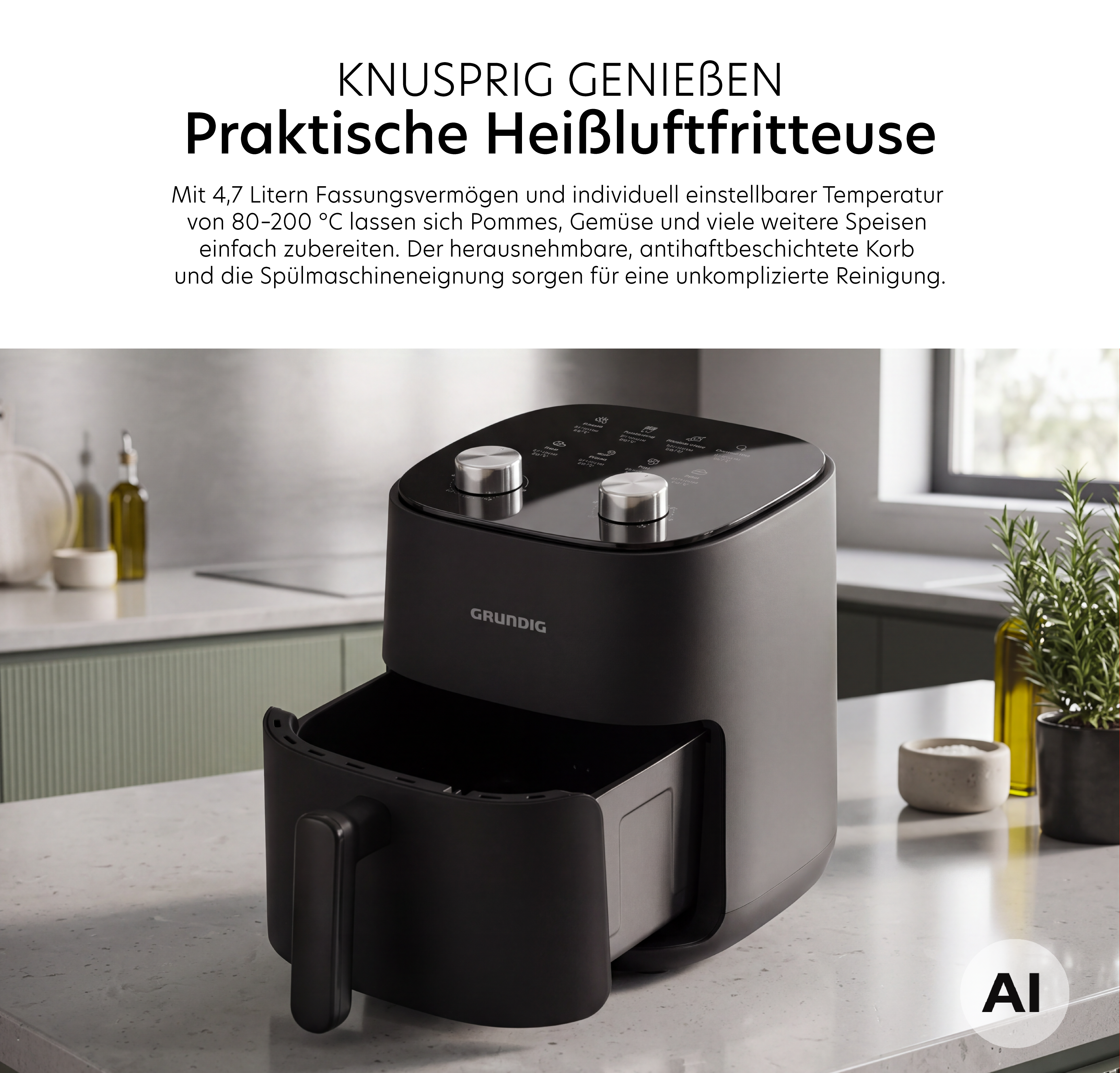 Feature Banner, Praktische Heißluftfritteuse mit herausnehmbarem Korb und zwei Drehreglern auf der Oberseite auf einer Küchenarbeitsplatte.