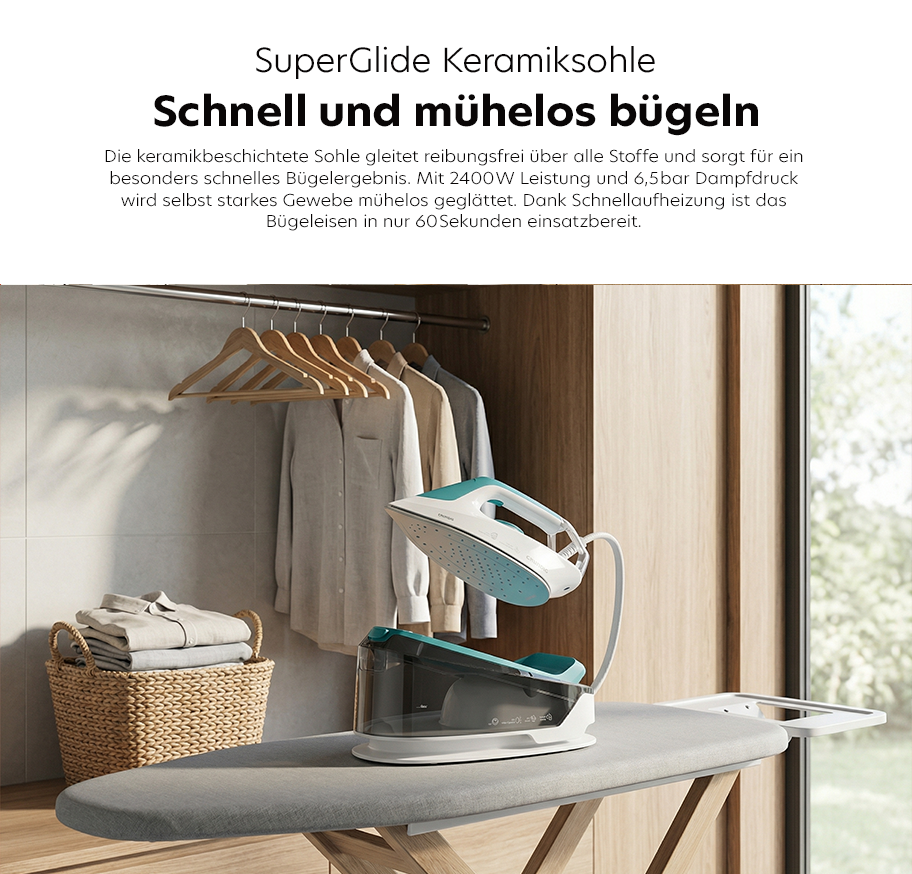 Feature-Banner, Realistisches Bild Buegeleisenstation in moderner Haushaltsumgebung mit realistischen Licht- und Schattenverhaeltnissen.