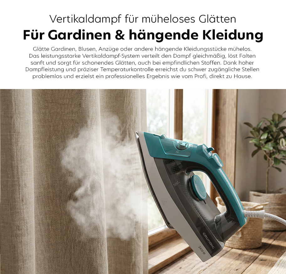 Feature-Banner, Realistisches Bild Buegeleisen mit Vertikaldampf glaettet haengende Kleidungsstuecke wie Gardinen, Blusen und Anzuege, realistische Licht- und Schattenverhaeltnisse.