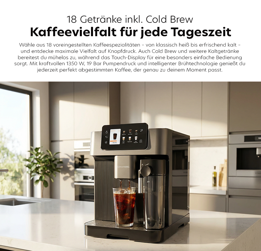 Feature-Banner, Realistisches Bild Kaffeevollautomat mit Touch-Display, 18 voreingestellten Getränken inklusive Cold Brew und moderner Zweifachdüse.