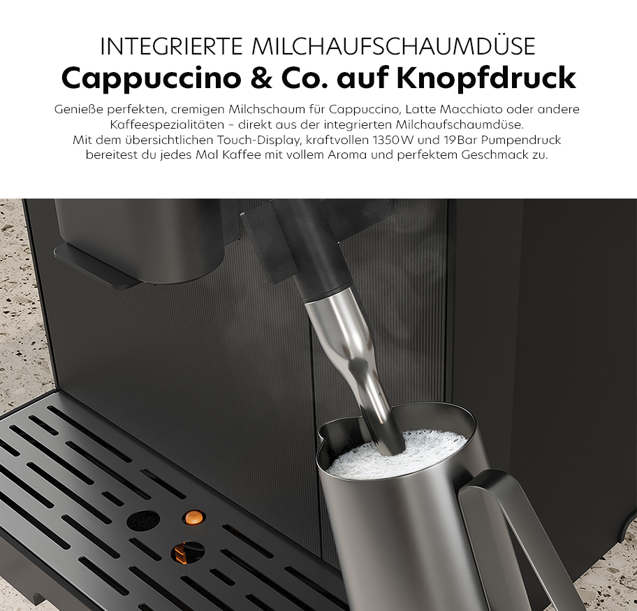 Feature-Banner, Realistisches Bild einer Kaffeemaschine mit sichtbarer Milchaufschaumduese.'