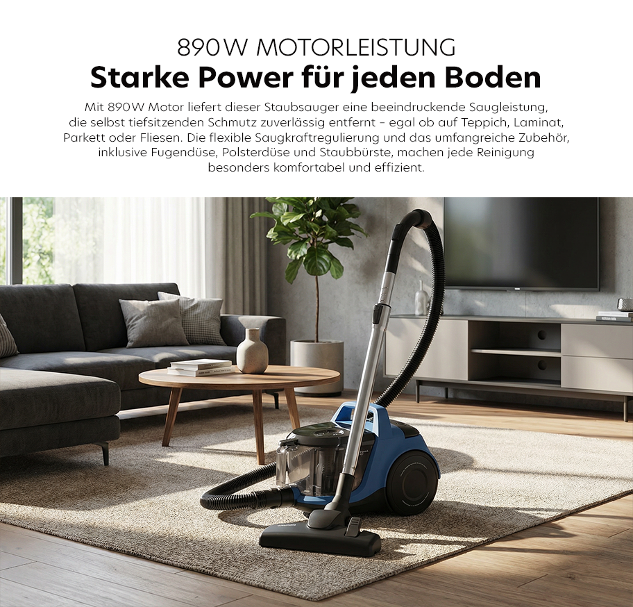 Feature-Banner, Realistisches Bild eines Staubsaugers, der genau wie das Referenzbild aussieht, in einer modernen Wohnung mit natürlichem Licht und realistischen Schatten.'