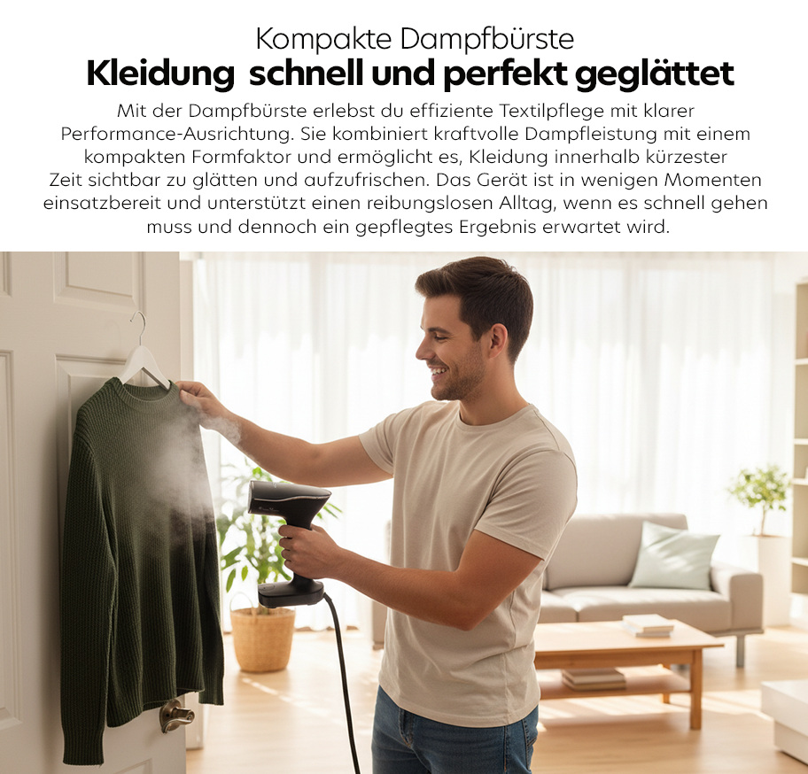 Feature-Banner,Mann steht in hellem Wohnzimmer und glättet mit einer kompakten Dampfbürste ein auf einem Kleiderbügel hängendes Kleidungsstück.