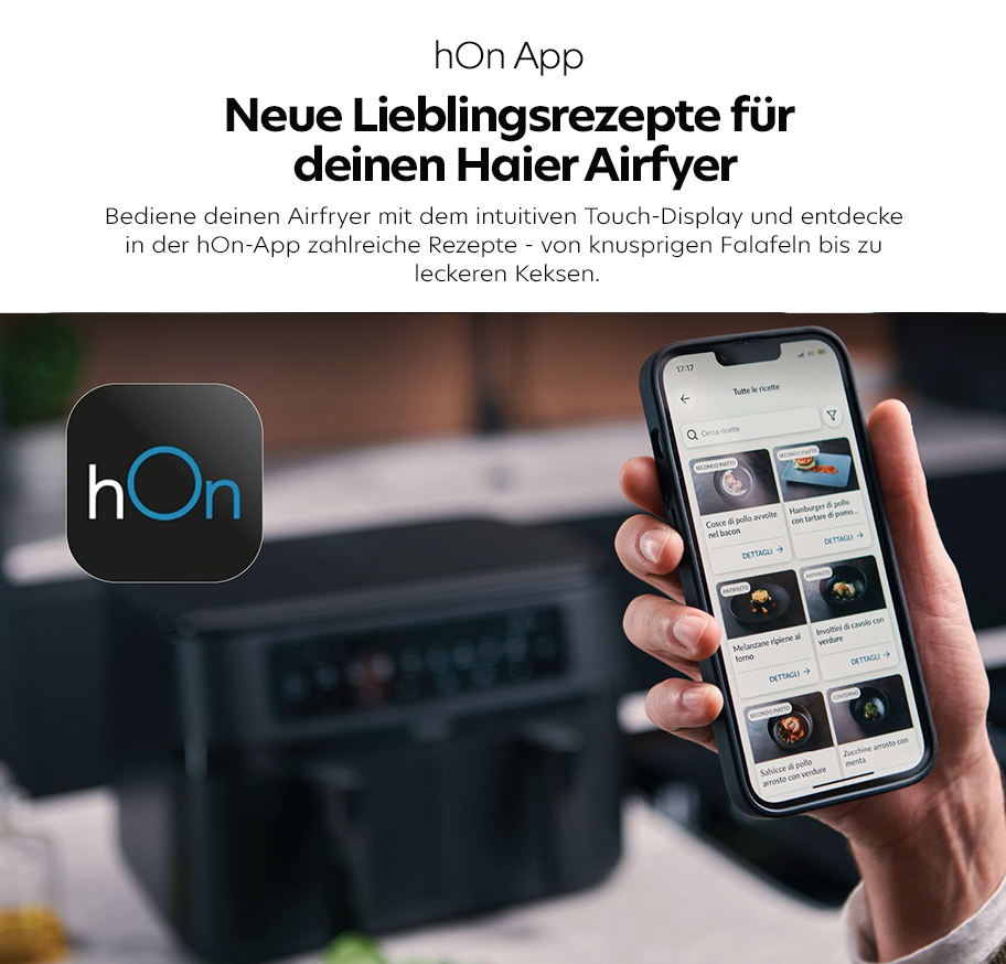 Feature-Banner, Hand hält Smartphone mit geöffneter hOn-App, die Rezepte für Haier Airfryer zeigt, daneben hOn-Logo in Schwarz mit blauem Schriftzug.'