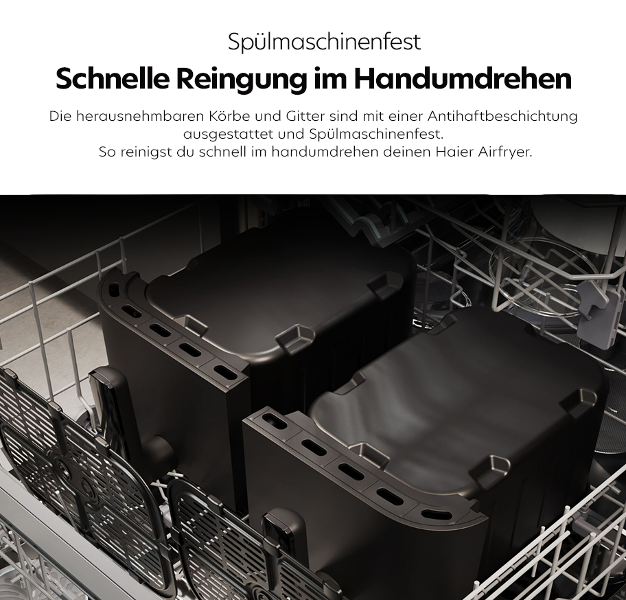 Feature-Banner, Offene Spülmaschine mit zwei schwarzen, rechteckigen Körben und Gittern mit Antihafteigenschaft, bereit zur Reinigung.'