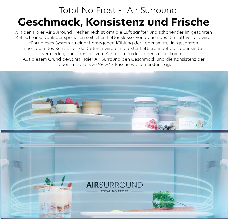 Feature-Banner fürHaier Kühlschrank mit Air Surround Total No Frost Technologie zeigt gleichmäßig gekühlte Lebensmittel auf zwei Glasablagen, darunter Gläser und frische Zutaten