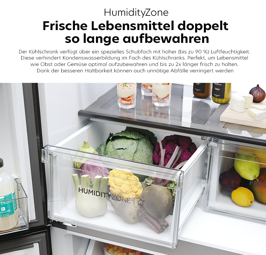 Feature-Banner Kühlschrank mit HumidityZone-Schublade gefüllt mit frischem Gemüse wie Blumenkohl, Rotkohl und Fenchel, zeigt doppelte Frischeerhaltung durch hohe Luftfeuchtigkeit