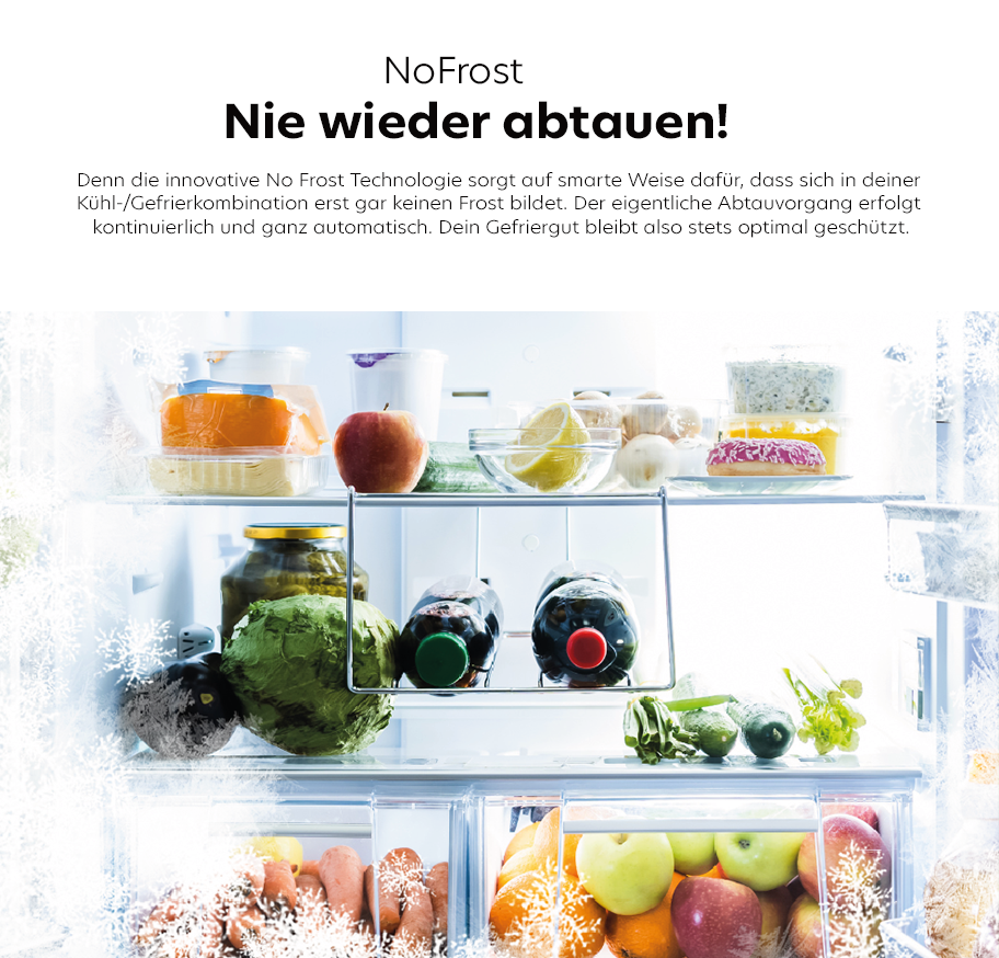 Feature-Banner, Innenansicht eines Kühlschranks mit verschiedenen Lebensmitteln auf mehreren Glasablagen und Text über Total No Frost Technologie von Haier.'