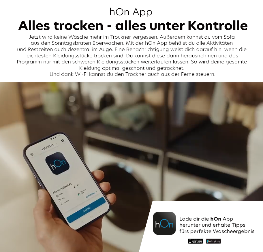 Feature-Banner, für die hOn App von Haier. Zeigt ein Smartphone mit der hOn App, die Funktionen zur Steuerung eines Trockners an. Text: 'Alles trocknen - alles unter Kontrolle'.