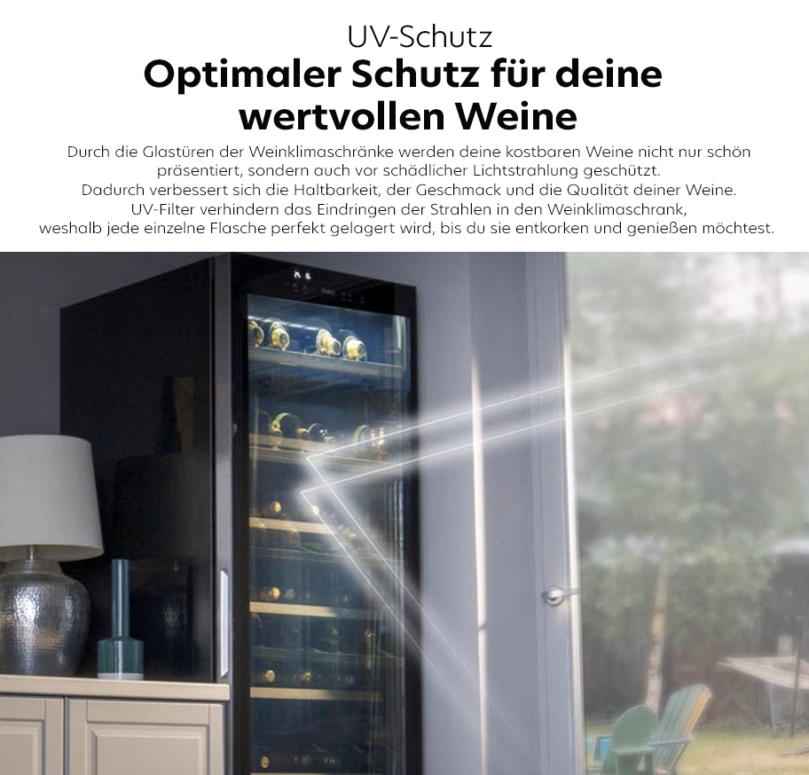 Feature-Banner Weinkühlschrank mit UV-Schutzfilter, der schädliche Lichtstrahlen abhält, um die Qualität und Haltbarkeit der Weinflaschen zu bewahren